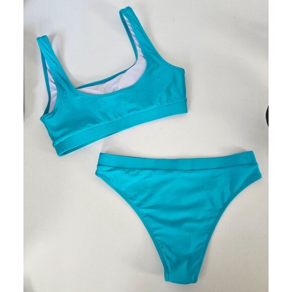 Womens Med Aqua High-Waisted High Cut Bikini Set Sporty Fully Lined Beach - Picture 2 of 7